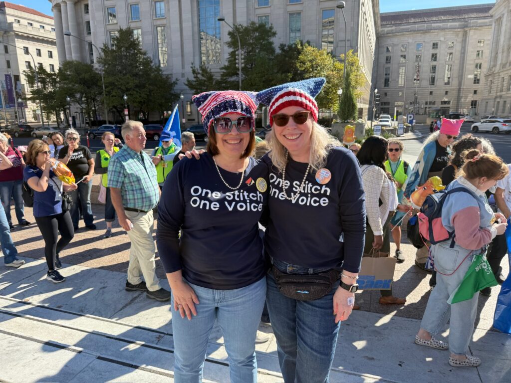 Joy and Kes wearing Patriotic Hats at the Women's March November 2, 2024